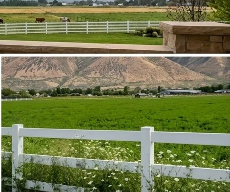 White rail fences and green fields surrounding the private estate with mountain views