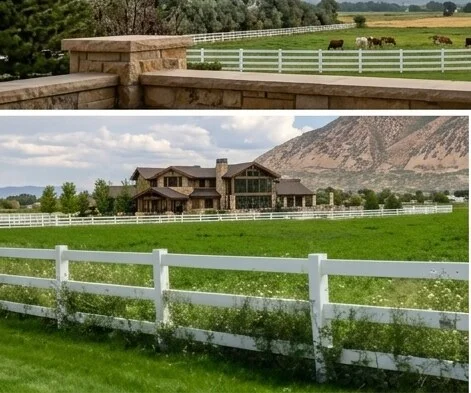 Loafer View Retreat estate on private grounds with white rail fences and mountain backdrop, architectural rendering