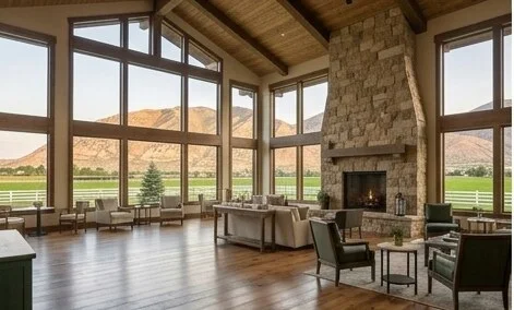 Grand entertaining room with fireplace and mountain views through picture windows, architectural rendering