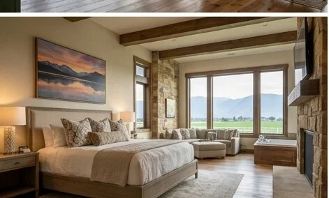 Private guest suite with warm natural light and estate furnishings, architectural rendering