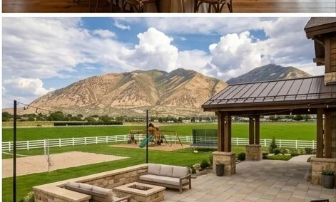 Covered patio and stone terrace with fire pit alcove, architectural rendering