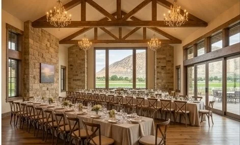 Reception hall configured for a formal dinner with flexible seating, architectural rendering
